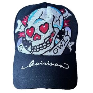 Vintage Quirinus Bedazzled Black White Red Skull Hearts Adjustable Cap Y2K